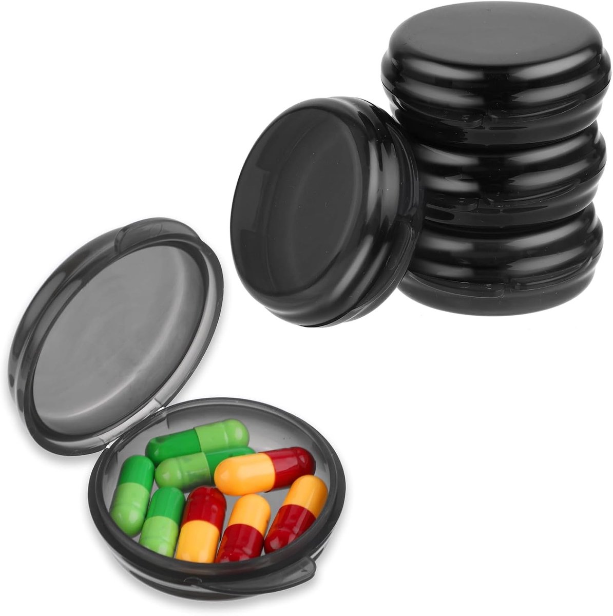5 Packs Kleine Pillendoos Reiskoffer - Draagbare Dagelijkse Ronde Pillenhouder voor Handtas en Koffer - Organizer voor Medicijnen en Vitamines (Zwart)