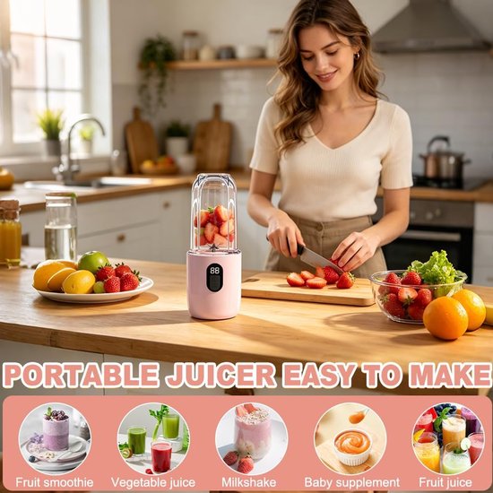 Draagbare Mixer - Smoothie Maker - Verse Dranken Maken - 16-Bladen Snijkop - 500 ml - Roze — afbeelding 3