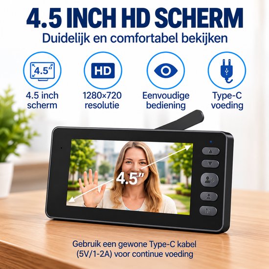 Draadloze Video deurbel met Camera- 4,5 Inch scherm - 135° Groothoek - Nachtzicht - Zonder WIFI/APP — afbeelding 2