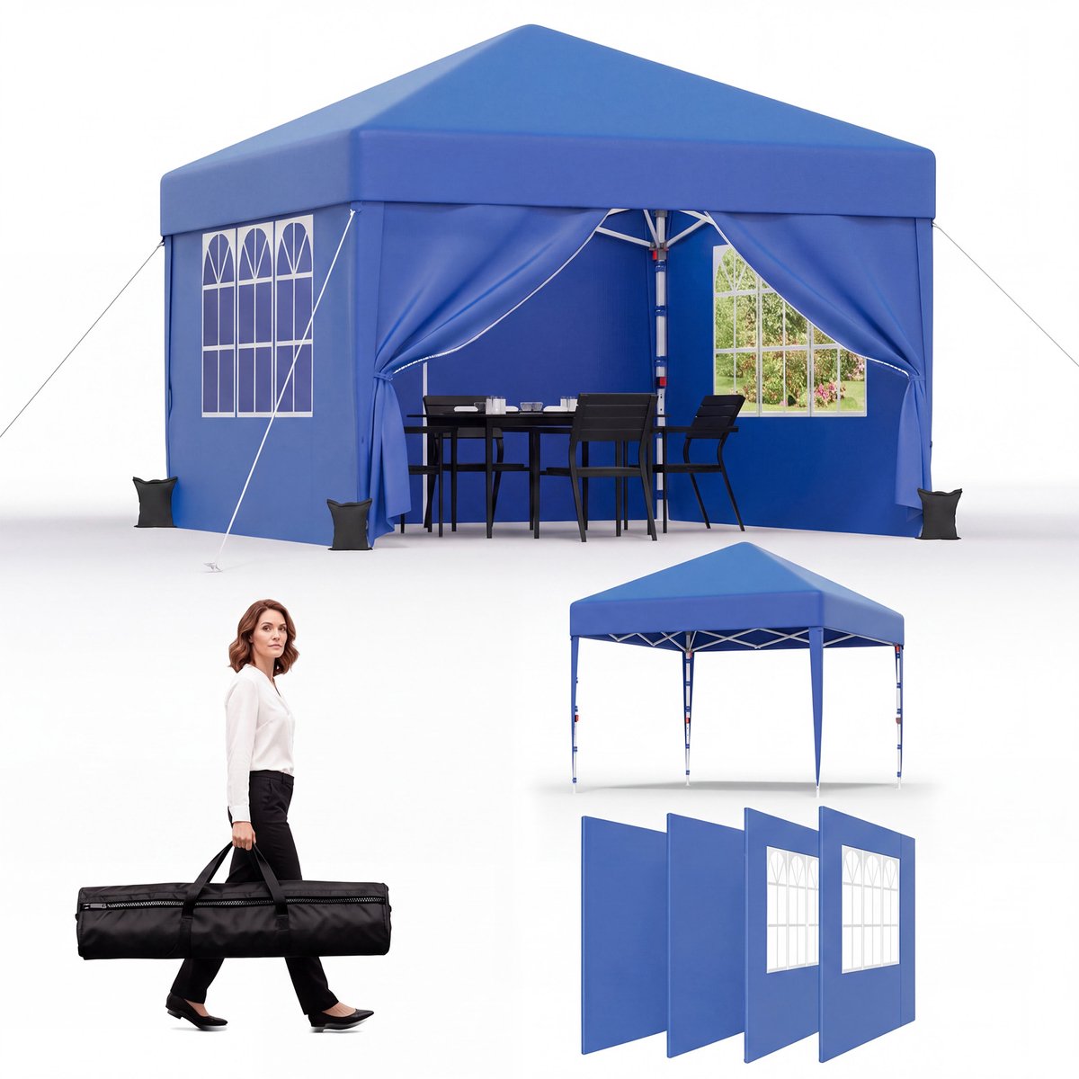 Devoko Partytent-Opvouwbaar Tuinpaviljoen 3x3 m met Zijwanden–Waterdicht & UV-bestendig–opbergtas–30 seconden pop-up opzet–Blauw