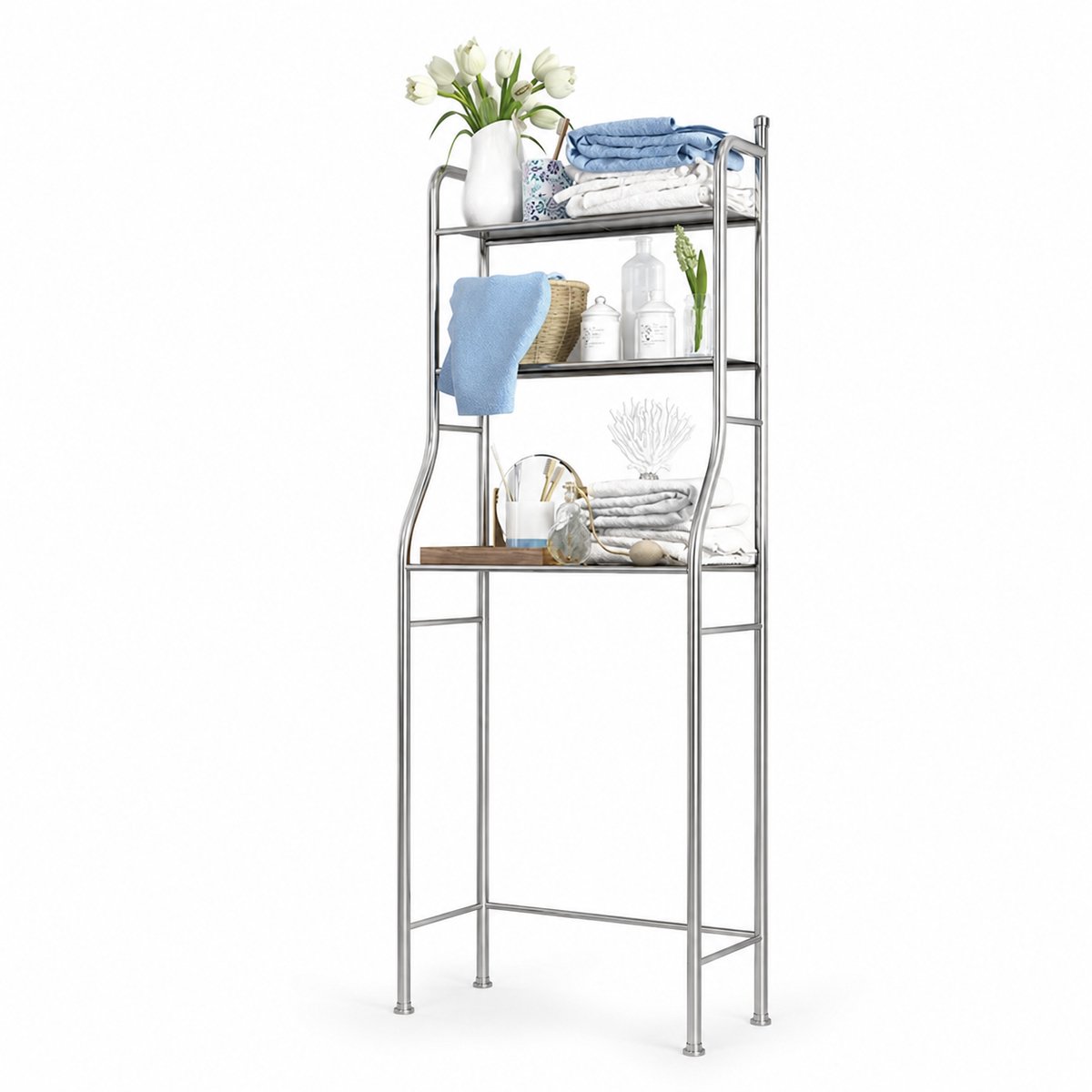 UrbanSelect WC Rek - Toiletrek - 3-Laags - Ca. 5kg Draagvermogen Per Plank - Metalen Frame - Handige Zijhaken - 160 x 50 x 25cm - Zilver