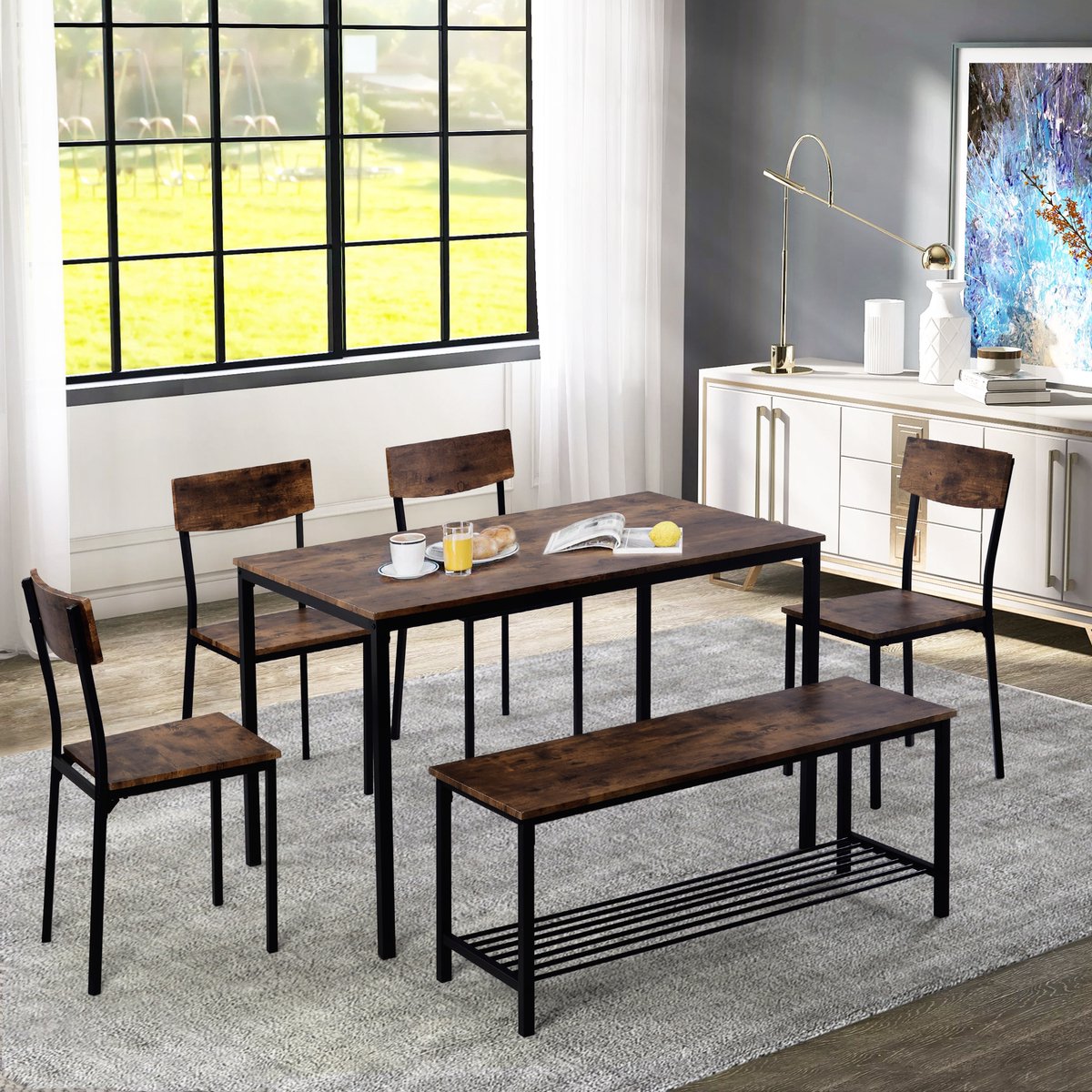 MUVANO 6-Delige Keuken Eettafel Set - Industriële Eethoek Hout En Staal - Eettafel Set Met Bank - Compact - Voor Eetkamer - Bruin