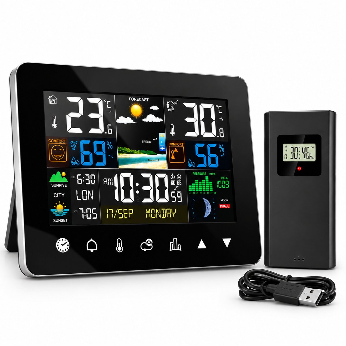 Draadloos Weerstation - Digitale Thermometer met Buitensensor - Touchscreen Kleurendisplay - Temperatuur Luchtvochtigheid Weersvoorspelling - Zwart