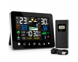 Weerstation Binnen en Buiten - Draadloos Weerstation met Buitensensor - Thermometer Hygrometer - Kleurendisplay - Temperatuur Luchtvochtigheid Weersvoorspelling - Zwart