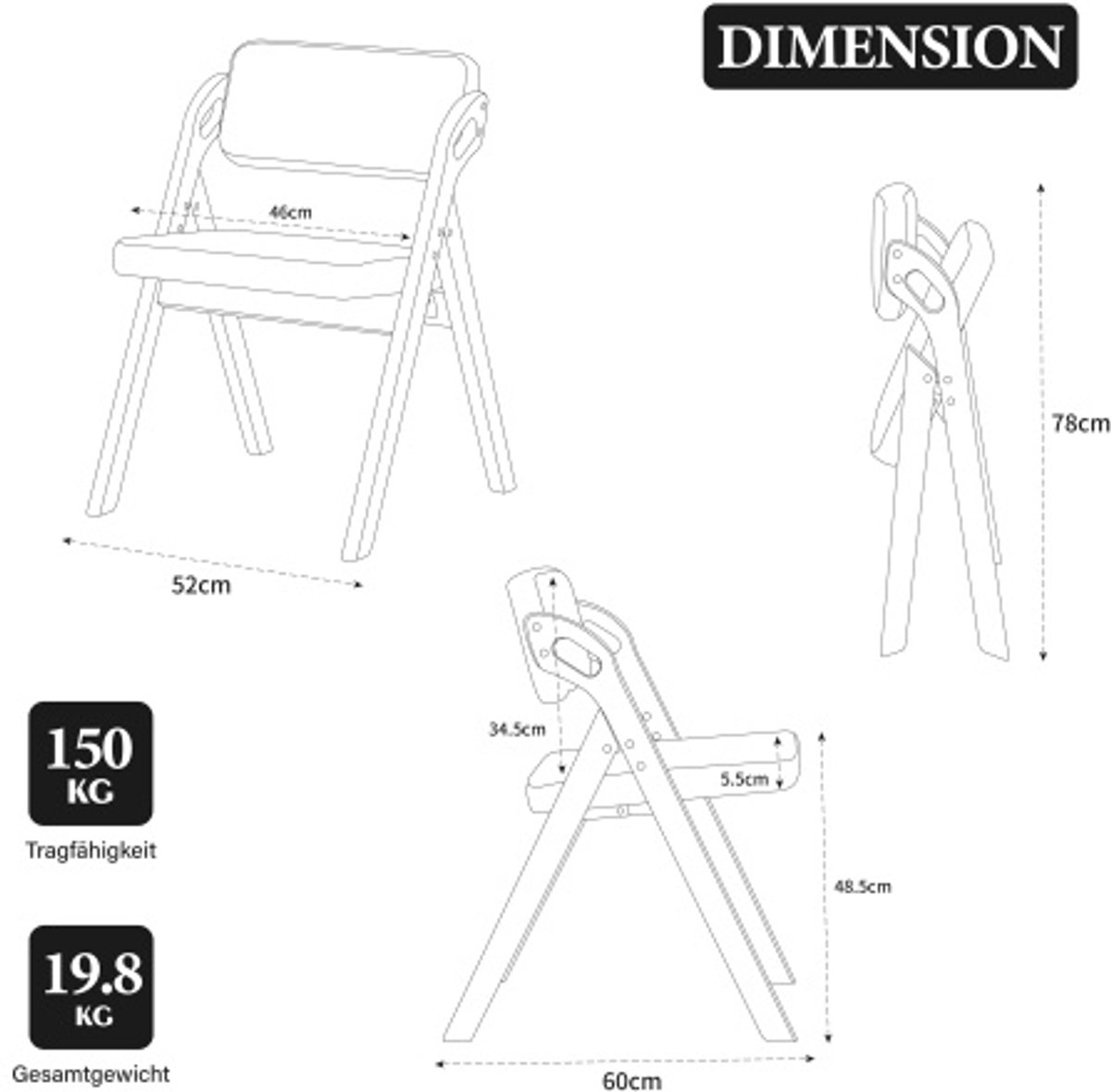 Opvouwbare stoelen met gestoffeerde zittingen van massief hout (beukenhout), stapelbare eetkamerstoelen (set van 2), als extra stoelen voor keuken, kantoor, bruiloft, feest, picknick. Beige.