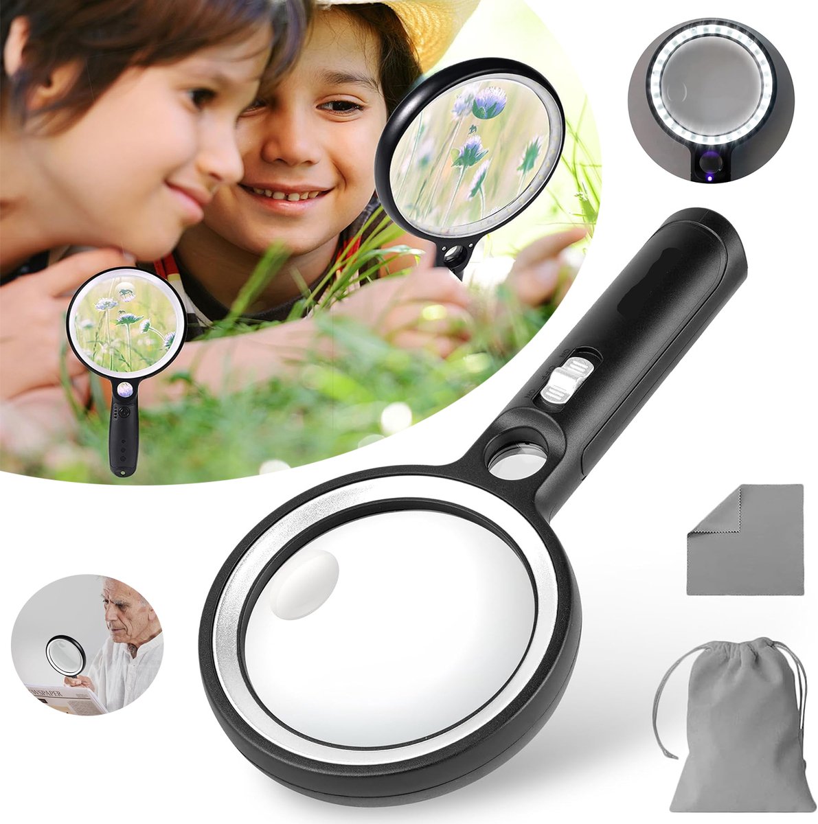 Vergrootglas met verlichting, 30 LED's, Handloep met 10x, 20x en 45x vergroting, Voor senioren die lezen.