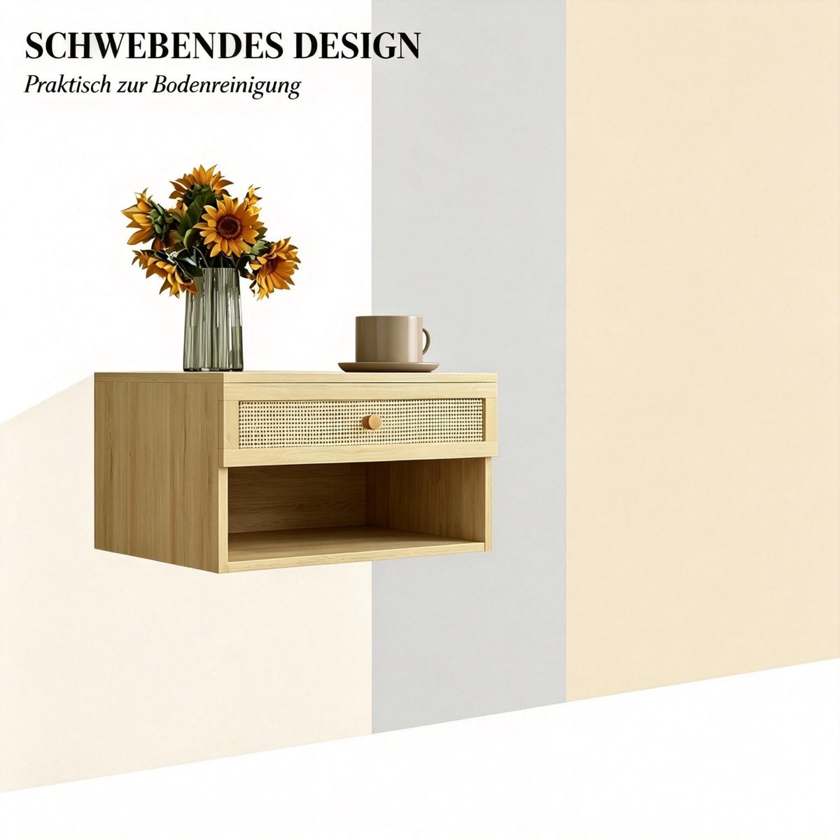 REDOM - Bedtafel - Wandmontage en zwevend ontwerp - Met lade, open vak en blad - Set van 2 - Voor slaapkamer - Spaanplaat - Natuurlijk - 40 x 34 x 23 cm