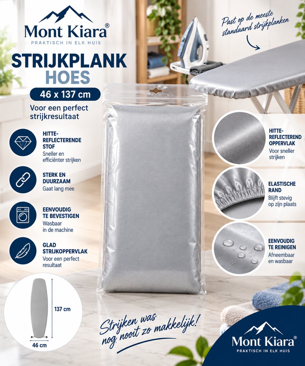 Mont Kiara Strijkplank Overtrek 46x137 cm – Strijkplankhoes – Hitte Reflecterende Strijkhoes – Elastische Rand