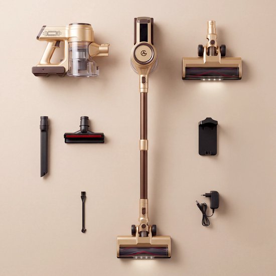 Gouden steelstofzuiger met bruine accenten, alle accessoires uitgestald.