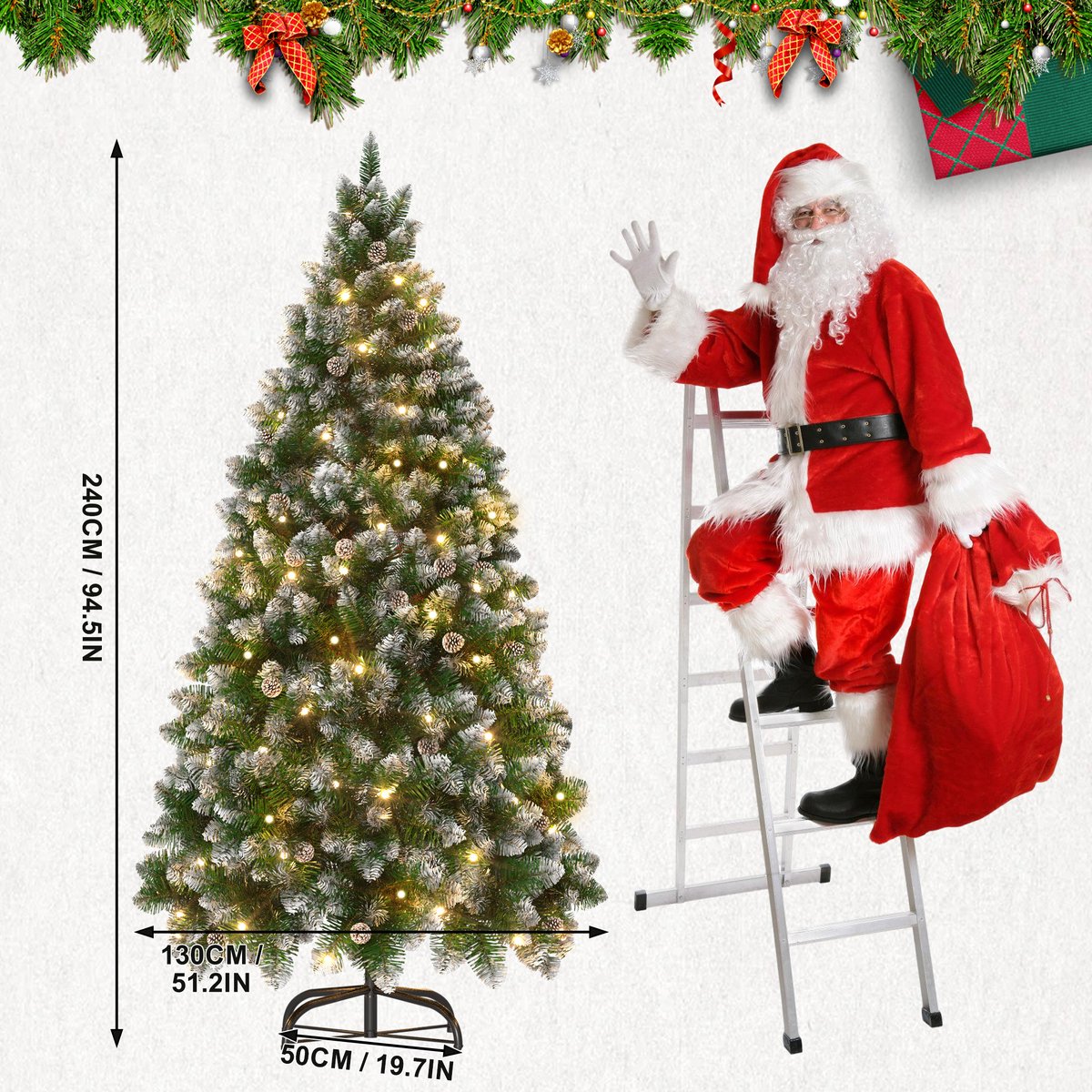 Kunstkerstboom 240 cm met LED Verlichting - Brandvertragend PVC - met Sneeuw en Dennenappels - Metalen Voet - Kerstdecoratie voor Huis en Etalage - NAIZY – foto 2