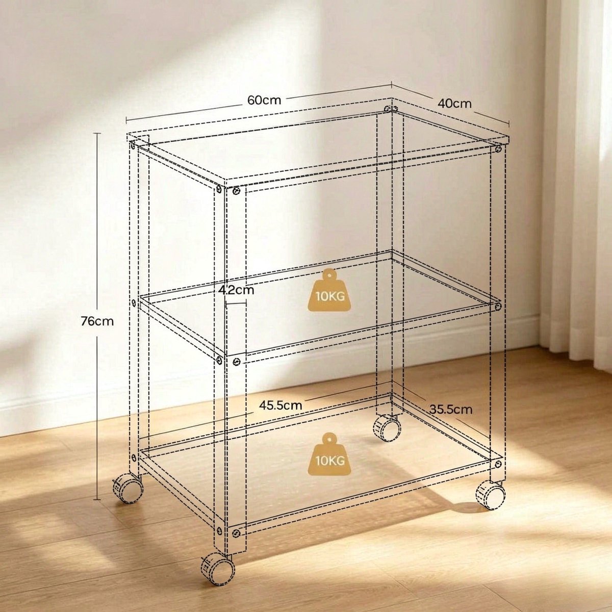 REDOM - Keukenwagen - 3-laags open opbergrek - 4 zwenkwielen met 2 remmen - industriële stijl - keuken, eetkamer, woonkamer - metaal en hout - Wit en Licht eiken - 60 x 40 x 76 cm
