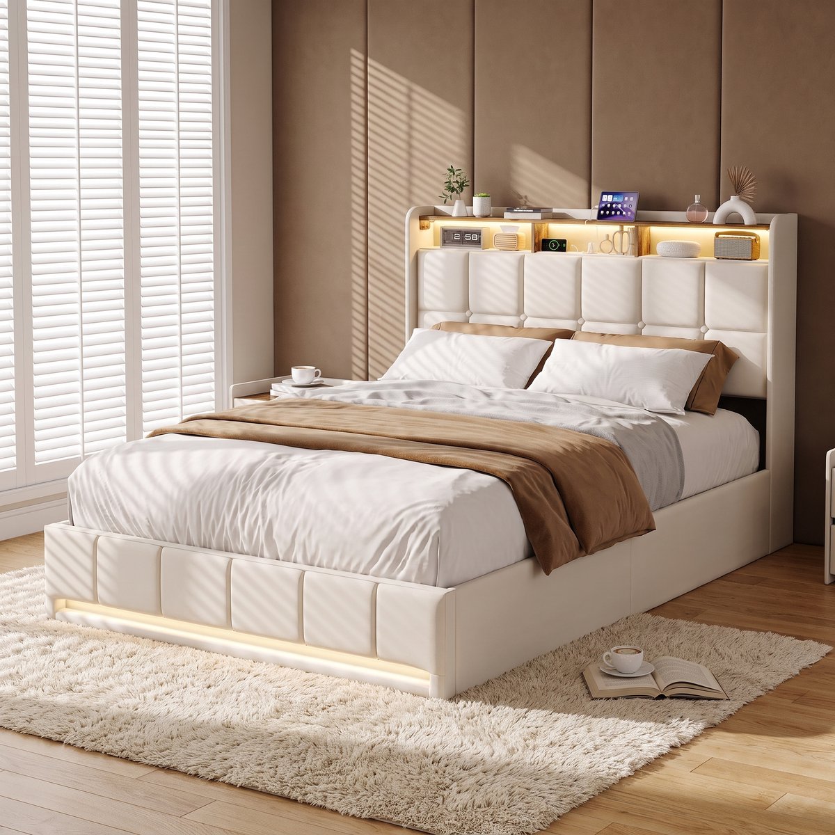 MEXUS 140 x 190 cm Bed met Lattenbodem, LED USB-Opbergruimte, Hydraulisch Tweepersoonsbed, Hoofdbord met Opbergruimte, Geschikt Smart Ambiance Opladen Slaapentertainment (Beige, 140 x 190 cm)