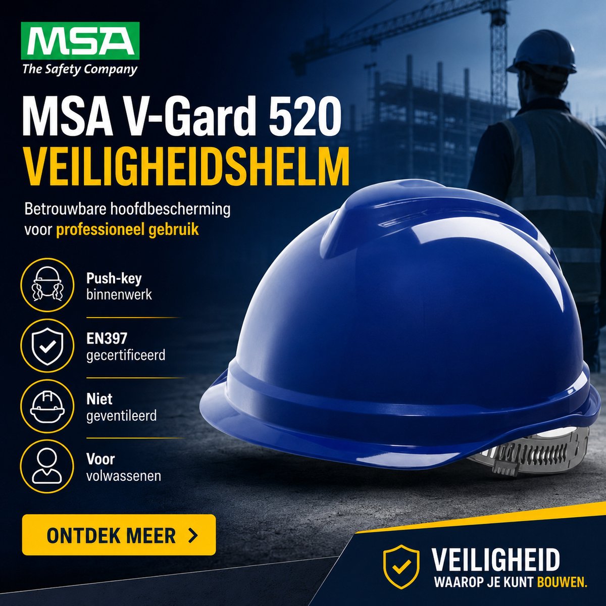 MSA V-Gard 520 Veiligheidshelm Blauw - Werk Helm met Push-key Binnenwerk - Bouwhelm Volwassenen - EN397 Gecertificeerd - Niet Geventileerd