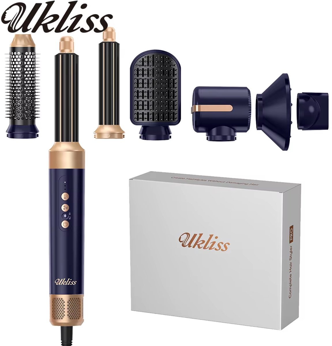 UKLISS® 7-in-1 Multistyler – Föhnborstel – Krulborstel – Krultang – Stijltang – Airstyler – Hairdryer Brush – Inclusief 7 Opzetstukken – Hittehandschoen – blauw