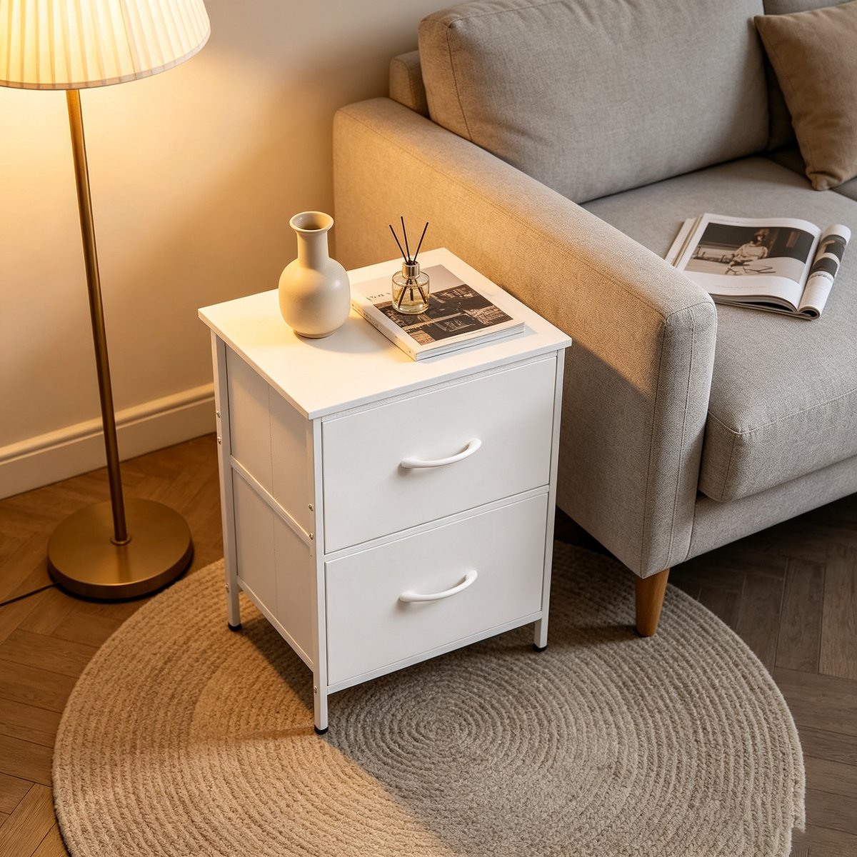 Witte opbergkast met 2 lades stalen frame stoffen lades en houten blad afmetingen 45*30*51 cm geschikt voor slaapkamers woonkamers en andere ruimtes met anti-kantelontwerp