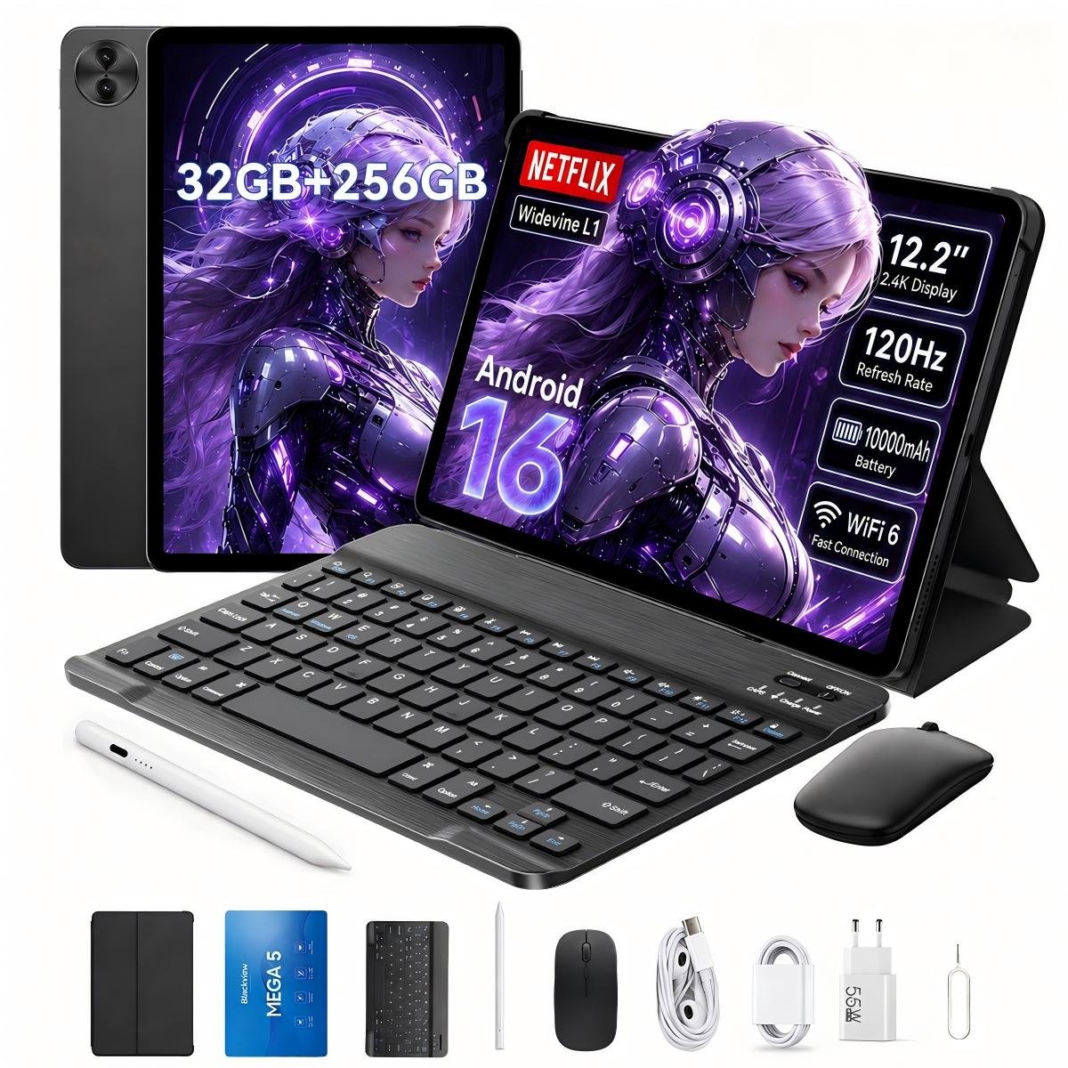 Blackview Tablet - MEGA 5 - 12.2 inch Tablet - 32GB+256GB - 4G LTE Gaming Tablet - 10000mAh - Android 16 - Met Beschermhoes - Toetsenbord - Hoes - Stylus - Muis - Gemini AI - GPS - Grijs