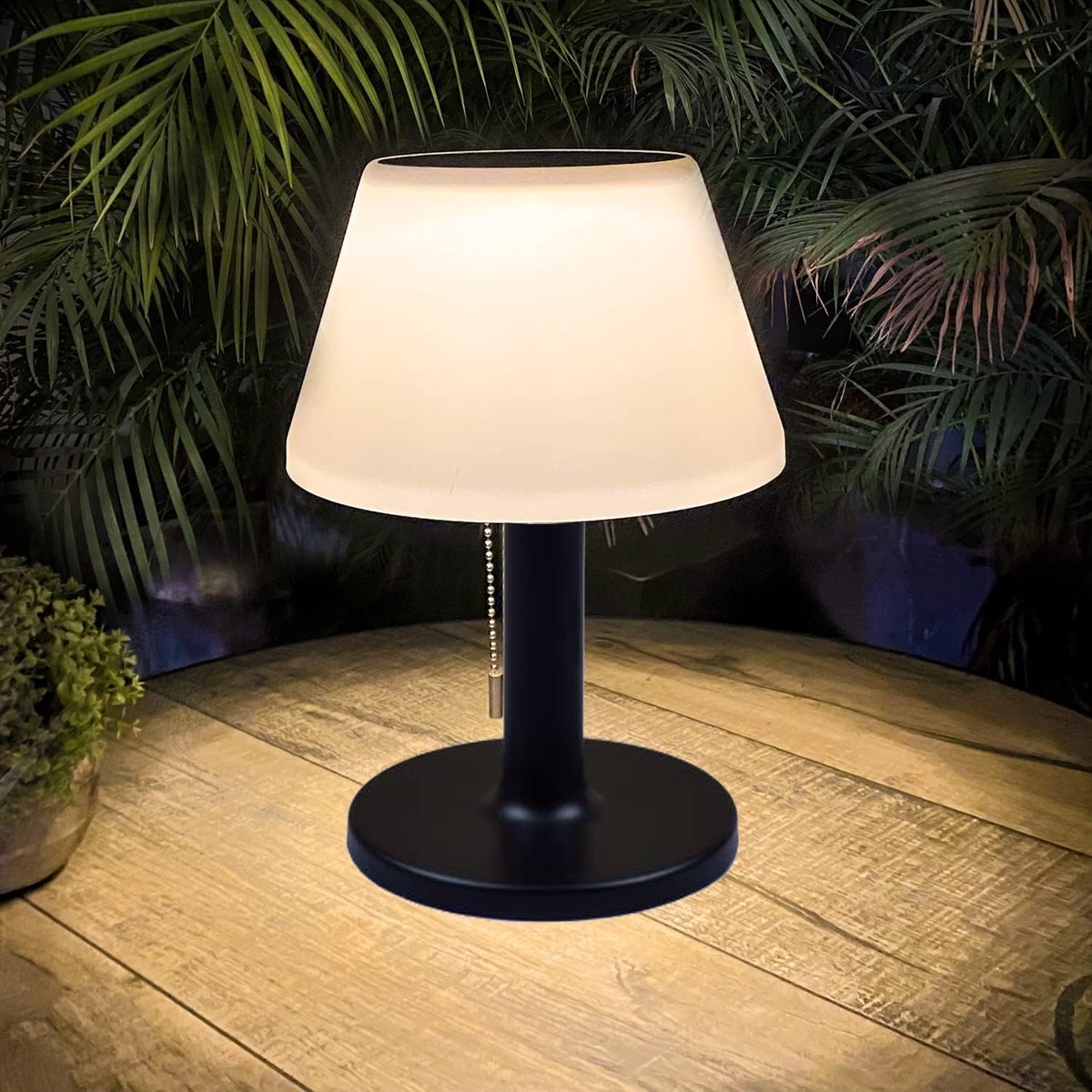 Solar tafellamp voor buiten en binnen - 3 verlichtingsstanden, oogvriendelijke, draadloze en waterdichte LED-bureaulamp op zonne-energie met trekkoord voor buiten, patio, tuin, slaapkamer, woonkamer (moderne zwarte inrichting)