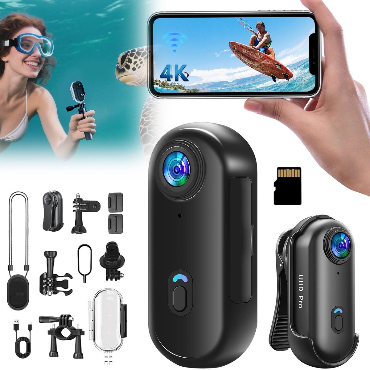 Wi-Fi actiecamera – Zakcamera – 128 GB opslag – 4K – 30 fps – Video-opname – Waterdicht tot 30 m – 120° ultragroothoeklens – Discreet en draagbaar – Zwart