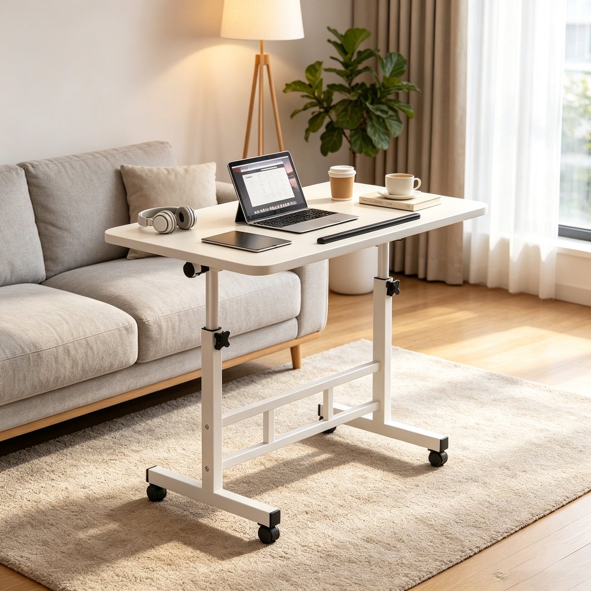 Mobiel verstelbaar en opvouwbaar computer-/studiebureau crèmewit 60*40*65-87 cm met wielen in hoogte verstelbaar en draaibaar bureaublad geschikt voor thuisgebruik