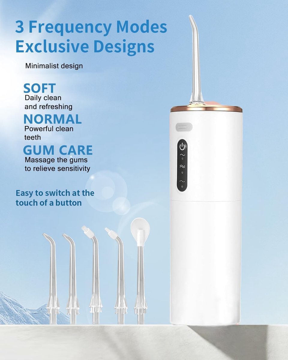 Waterflosser, Draadloze Monddouche met 280 ml Waterreservoir, 3 Reinigingsstanden en 5 Opzetstukken, Elektrische Mondirrigator, Draagbaar voor Thuis en Reizen, Wit thumbnail 4