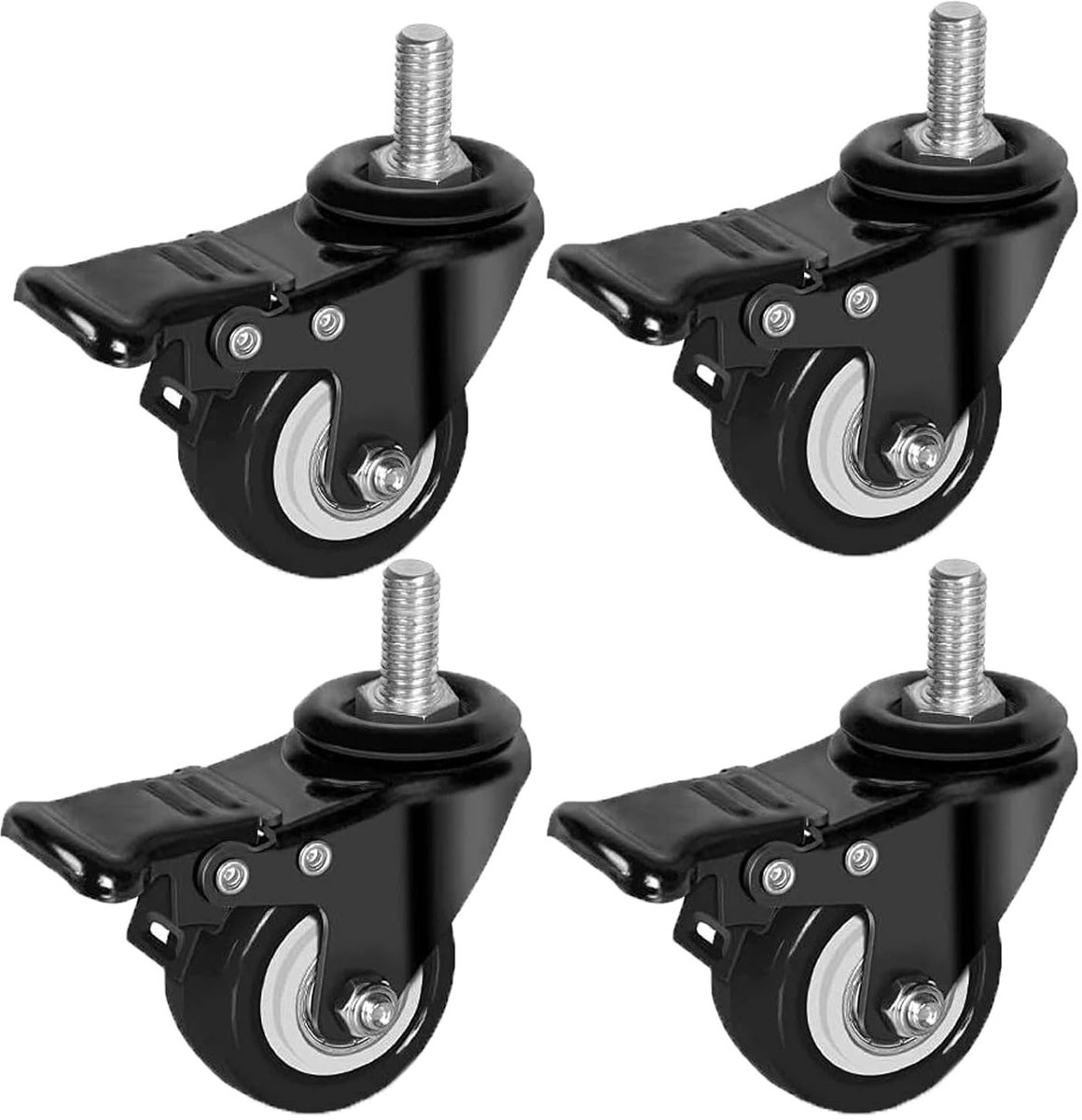 Set van 4 Zwarte 50 mm Meubelwielen met Rem, 360 Graden Draaiend, Geschikt voor Zware Lasten tot 70 kg, Perfect voor Apparaten en Meubels