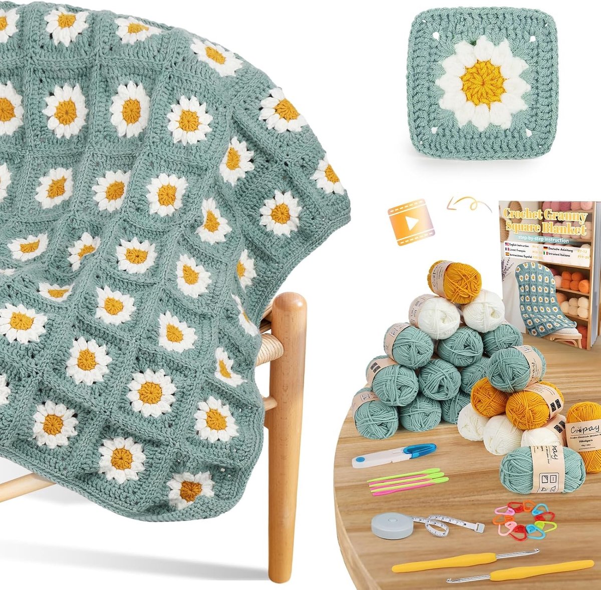 Granny Square Haakset voor Beginners met Daisy Dekentje, Haaknaald, Haakgaren en Video-instructies voor Leerlingen