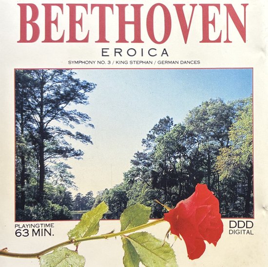Cd-hoes van Beethoven Eroica met een rode roos op de voorgrond en een bosrijk landschap op de achtergrond.