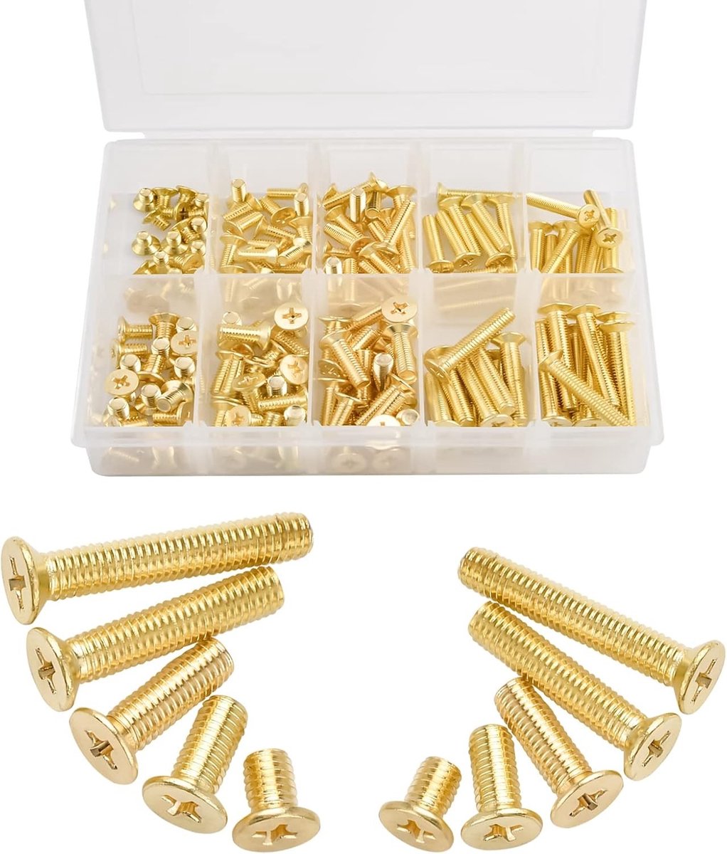 Set van 160 Stuks Platkop Schroeven, Messing Zelftappende Schroeven M4 M5 Assortiment voor Diverse Toepassingen