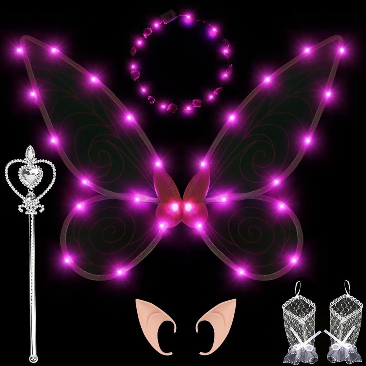 Luminous Feestelijke Fairy Wings voor Kinderen en Volwassenen met LED Hoofdband en Toverstaf, Perfect voor Carnaval en Kostuums
