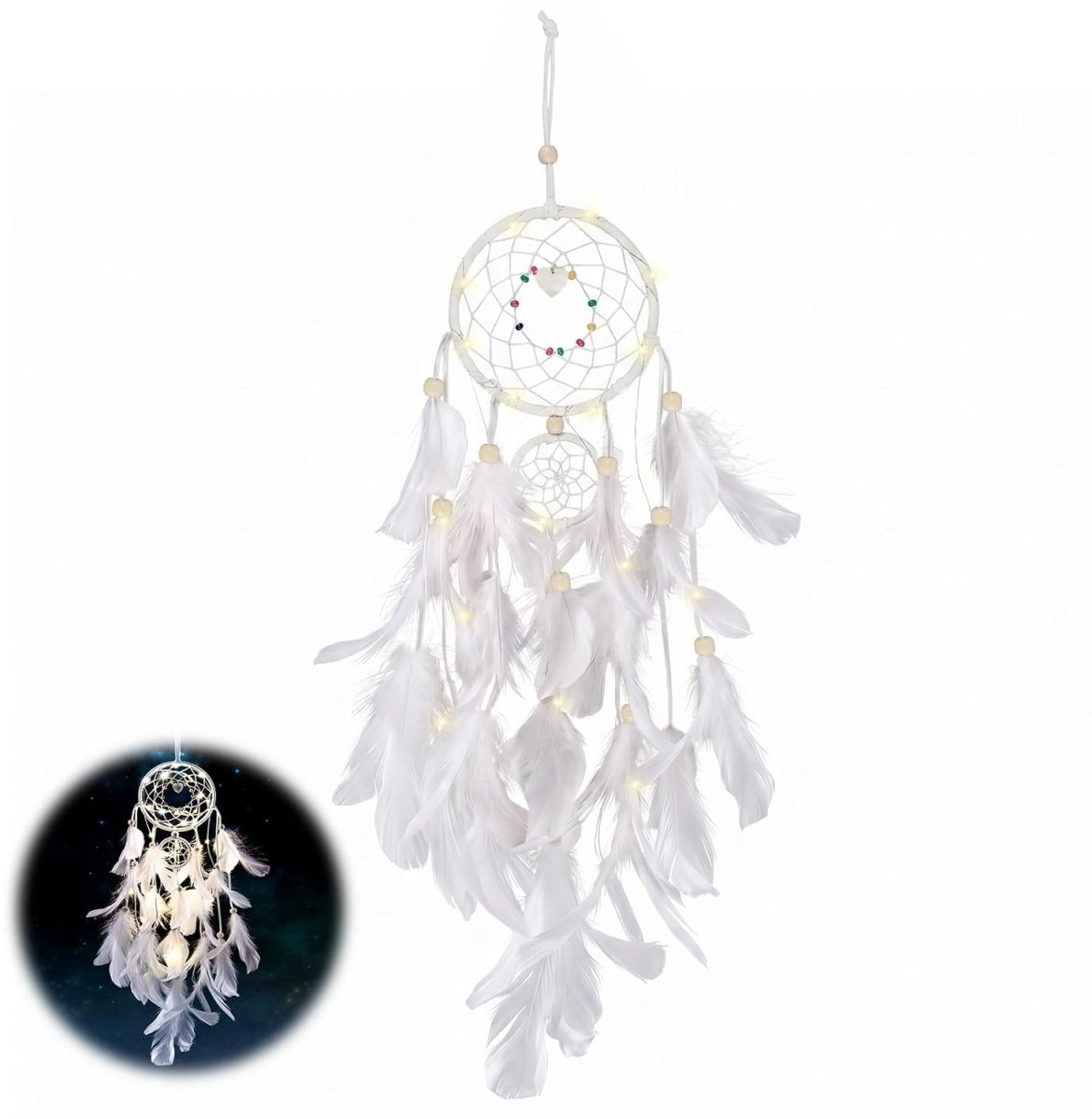 Handgemaakte Droomvanger - Bohemian Dromenvanger - Wanddecoratie - Geïntegreerde LED-Verlichting - Bescherming Tegen Nachtmerries - Natuurlijke Veren En Kralen - Traditioneel Geweven - Veelzijdig Interieuraccessoire - 1 Stuk