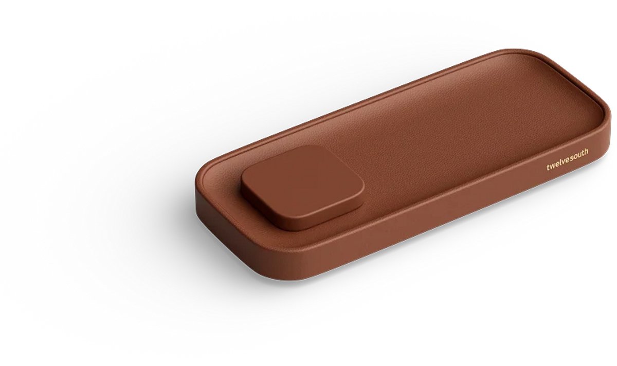 Twelve South Valet Sleutel Bakje met Draadloze Oplader – Biedt Qi2 Draadloos Opladen tot 15W – Premium Nappa Lederen Dienblad – Extra USB-C-Poort voor Bedraad Opladen - Bruin