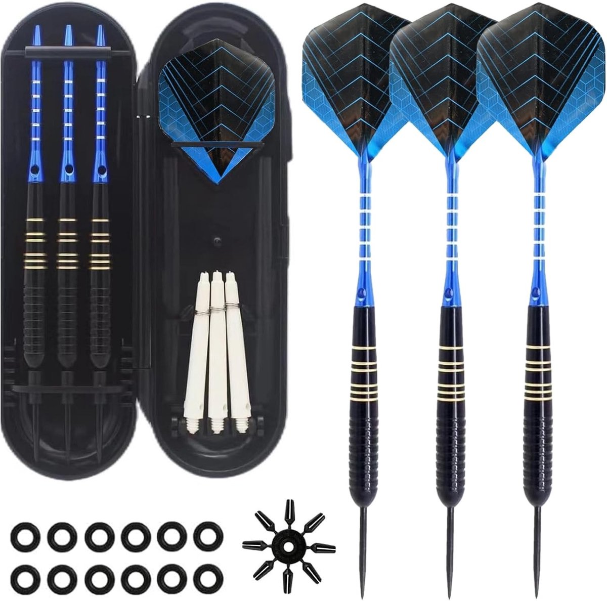 Professionele set van 3 blauwe steel darts van 22g met aluminium schachten en dartcase voor recreatief en competitief gebruik