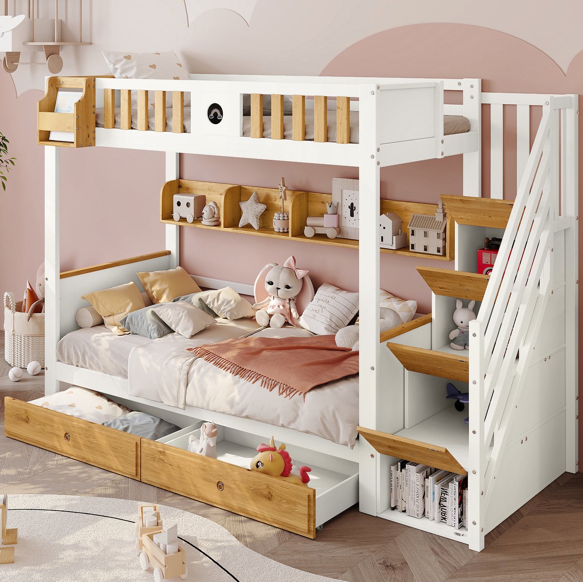 COVREO Stapelbed met opbergtrede en 2 lades – 254x95x170 cm – Kinderbed met veiligheidshek en open vak – Wit/Natuur - zonder matras