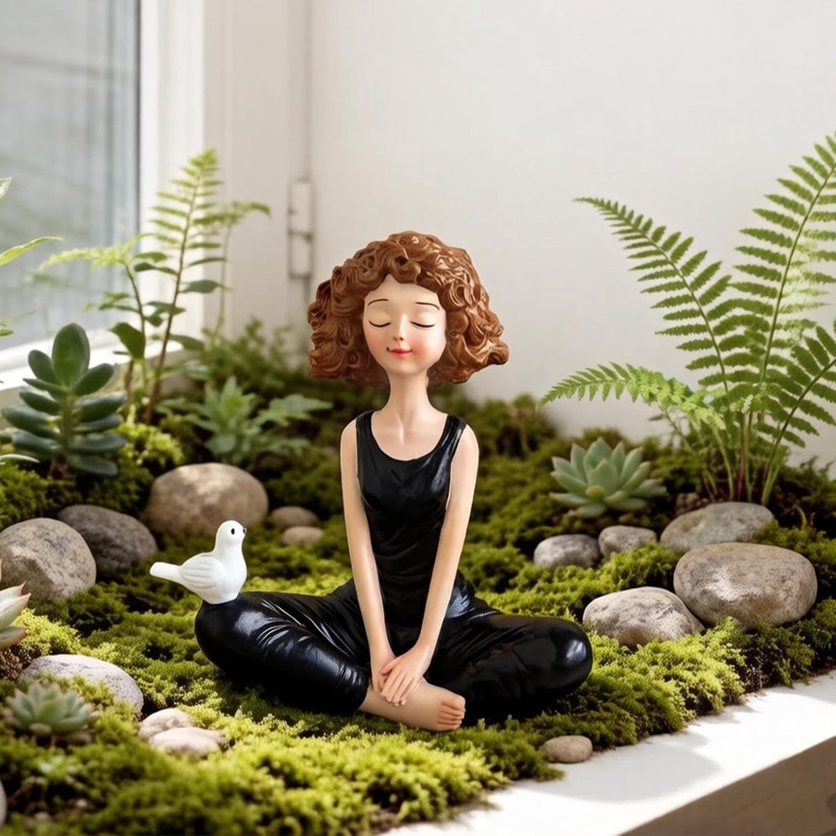 Handgeschilderd Yoga Meisje Beeld van Hars met Duif voor Interieurdecoratie en Meditatie