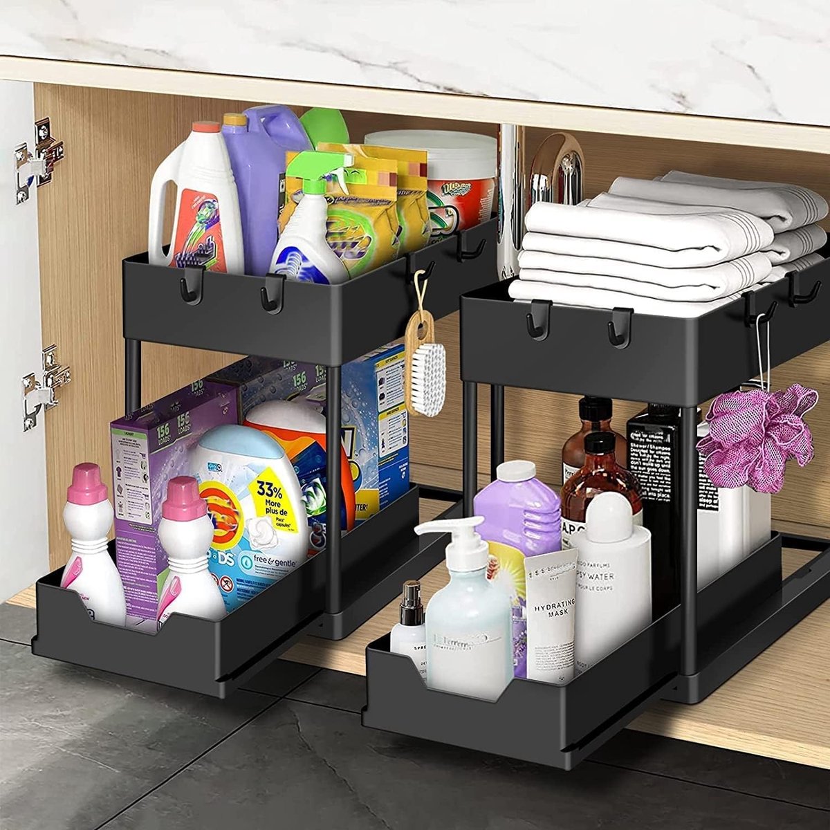 Opbergrek onder gootsteen - Wit - 37,5 x 20,5 x 34 cm - Uitschuifbare ABS Lade met Haken - Voor Keuken en Badkamer