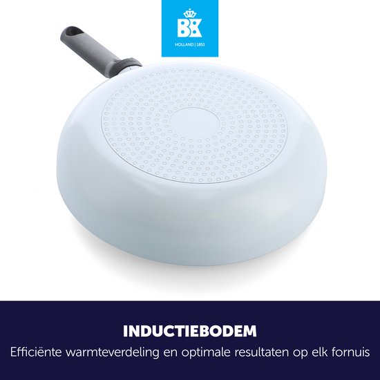 De onderkant van een witte BK hapjespan met inductiebodem en cirkelvormig patroon.
