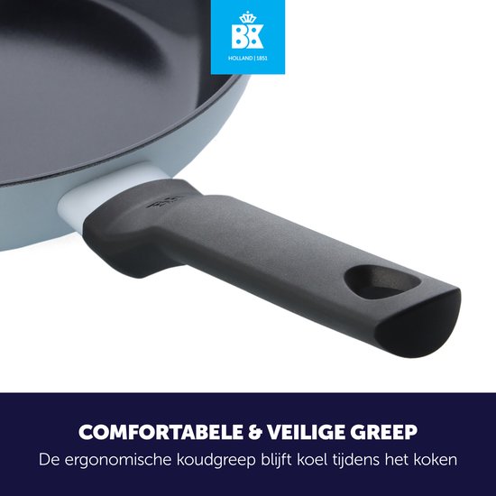 Gedetailleerde opname van de donkergrijze, koude handgreep van een BK hapjespan.