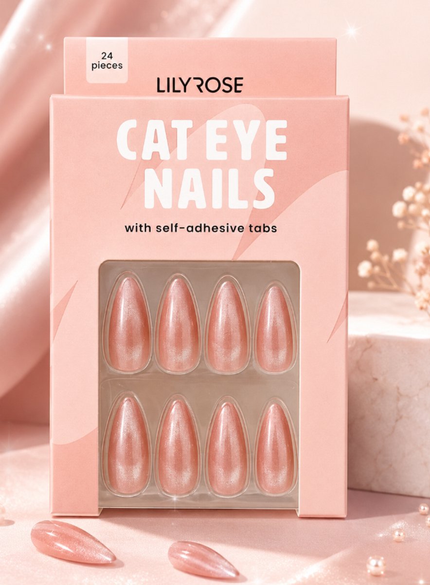 24 Stuks Press-On Nagels -Cat Eye - Amandel vorm - Herbruikbaar - Incl. Lijm stickers– Nude Glitter – Inclusief Jelly Glue – Ook Verkrijgbaar in Cat Eye Glitter Roze