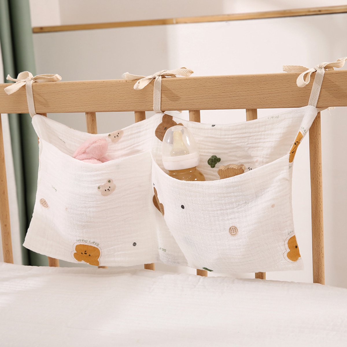 Grote Hydrofiele Boxopbergtas XL van 100% Katoen in Beige, 20 x 40 cm Boxzak Organizer met 2 Vakken voor Speelgoed, Knuffels, Luiers en Kleertjes, met Strikjes voor Eenvoudige Bevestiging aan Box, Ledikant en Peuterbed