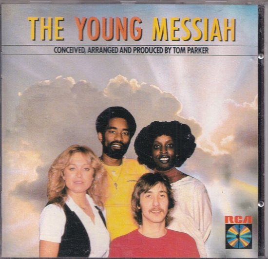 De voorkant van de CD-hoes voor 'The Young Messiah', met een foto van vier zangers met een achtergrond van wolken.