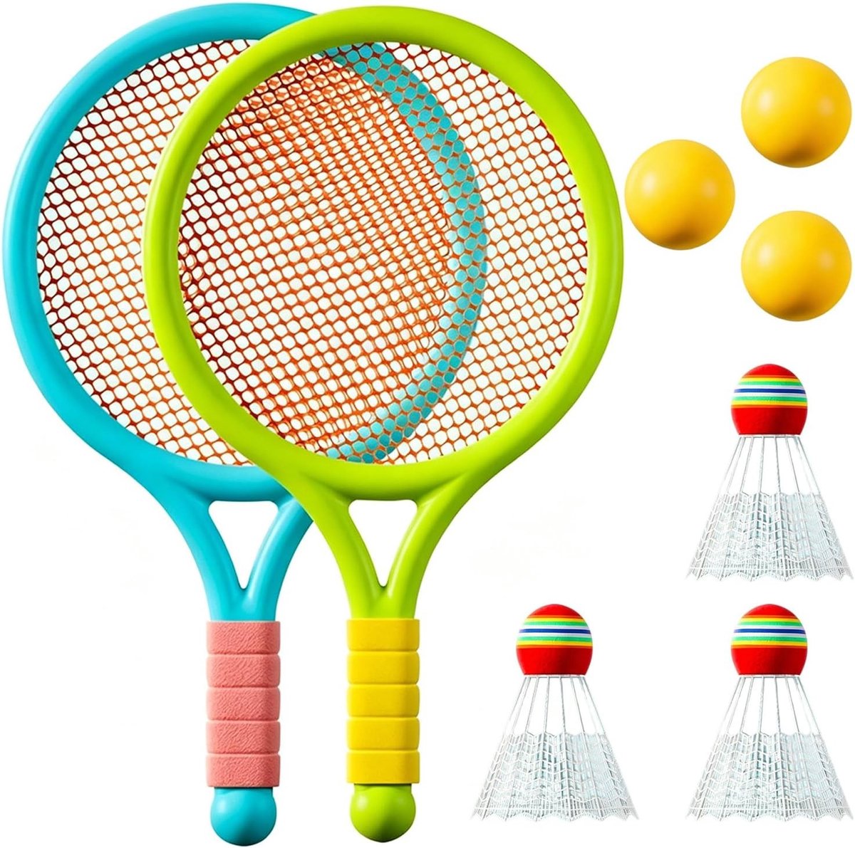 Tennisracket Set voor Kinderen met 2 Rackets, 3 Badminton Ballen en 3 Tennis Ballen voor Buiten- en Binnensporten