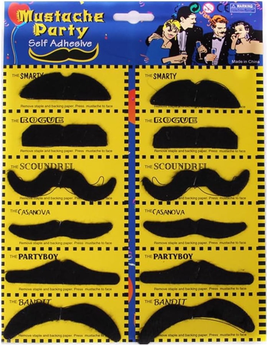 12 Stuks Plak Snorren voor Kinderen en Volwassenen - Carnaval Snorren Kostuum Accessoires in Zwart