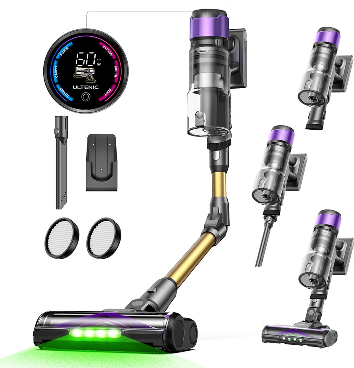 Ultenic U20 draadloze steelstofzuiger, 55.000 Pa zuigkracht, 1,5 liter stofreservoir, 60 minuten gebruiksduur, 65 cm buigbare steel, 7-traps filtratie, dynamisch interactief display
