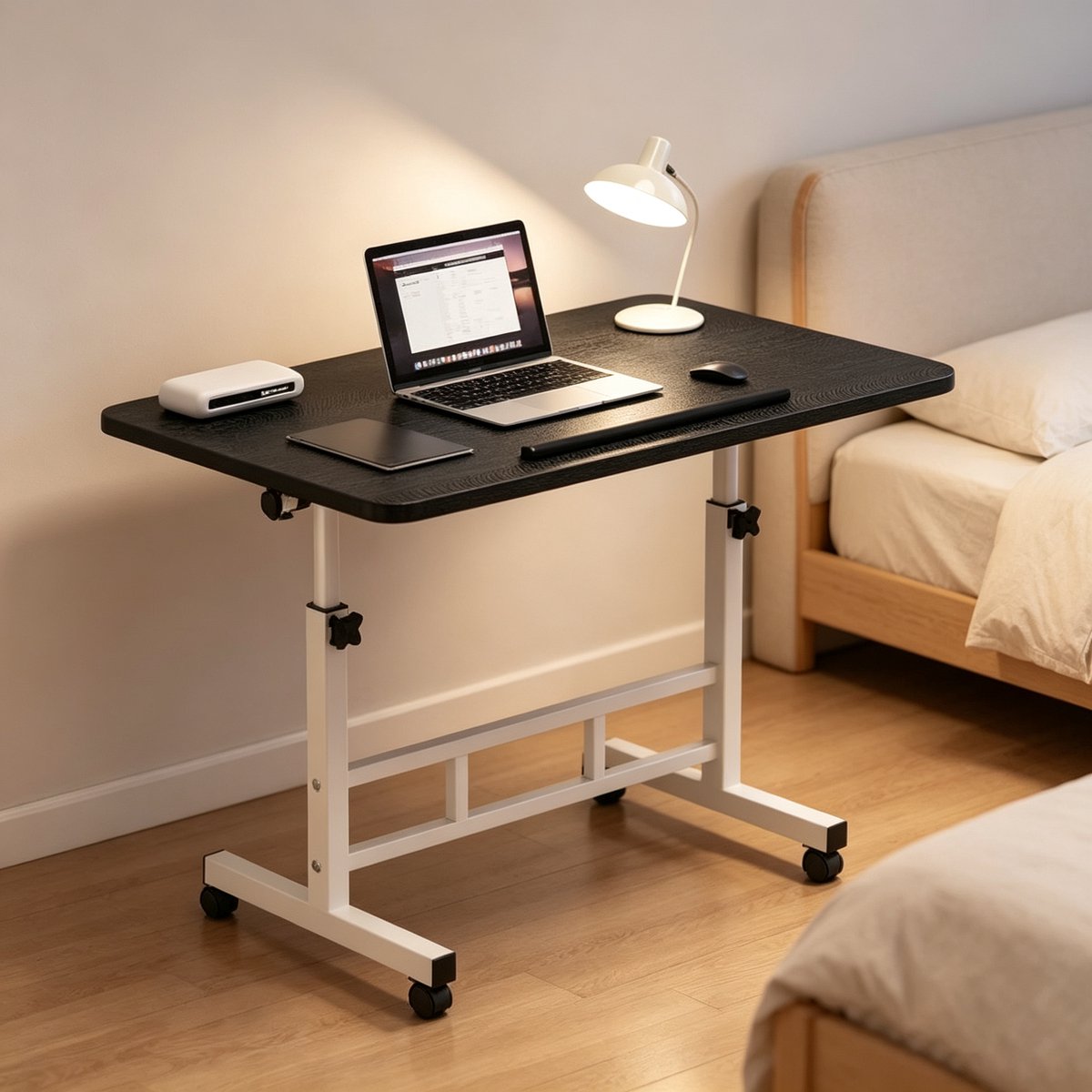 Mobiel verstelbaar en opvouwbaar computer-/studiebureau zwart walnootkleur 80*40*65-87 cm met wielen in hoogte verstelbaar en draaibaar bureaublad geschikt voor thuisgebruik