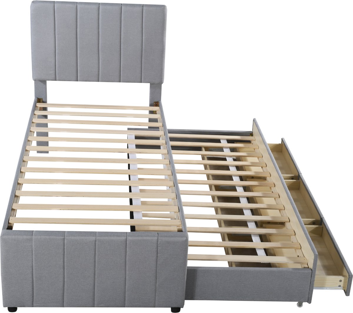 MUVANO Gestoffeerd bed 90x200 - Eenpersoonsbed met onderschuifbed - Grijs linnen kinderbed - Logeerbed voor tieners - 90x200 cm - Met lades - Slaapkamer Grijs