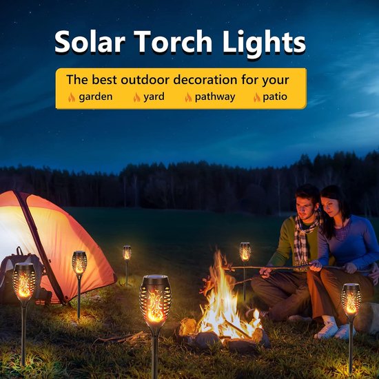 6 stuks solarlampen voor buiten - 12 led-zonnelampen voor buiten, tuin, met realistisch vlameffect, IP65 waterdicht, tuinfakkels, zonne-energie voor tuinen, paden, achtertuin, gazon, balkon, — afbeelding 4