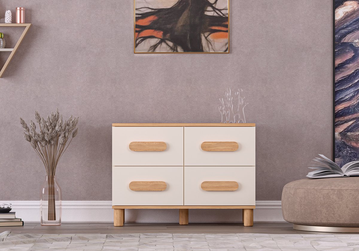 MILA CRÈME EIKEN LADENKAST MET 4 LADEN – Ladekast – Opbergkast – Ladenkast – Slaapkamerkast – Opbergmeubel – Kast met Laden – Houten Look – Ruime Opbergruimte – Moderne Kast – Meubel voor Slaapkamer en Woonkamer