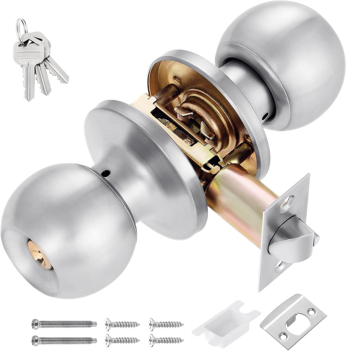 Deurknop Met Slot en Sleutels, Voordeurslot, Extern Slotset, Interne Deurklink, 1 Pakket (Zilver)