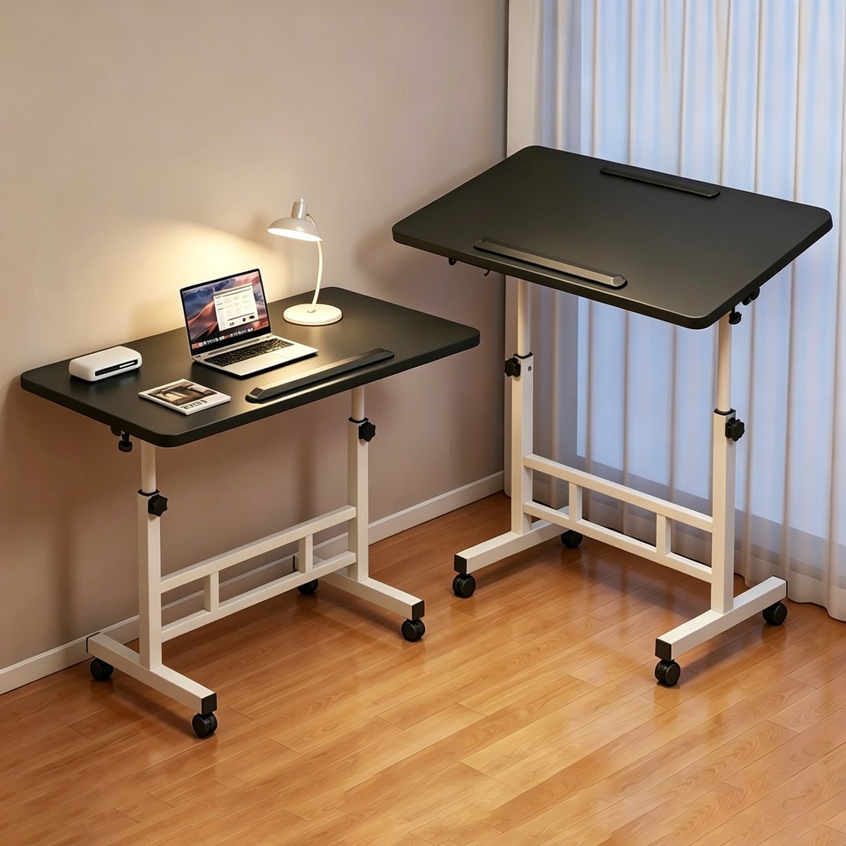 Mobiel verstelbaar en opvouwbaar computer-/studiebureau zwart walnootkleurig 60*40*65-87 cm met wielen in hoogte verstelbaar en draaibaar bureaublad geschikt voor thuisgebruik