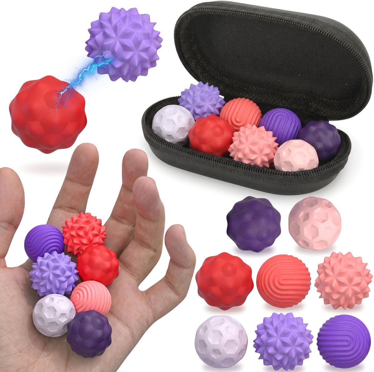 Magnetische SENSORISCHE ANTISTRESS ballen, SET 8 st. roze siliconen balletjes + ETUI